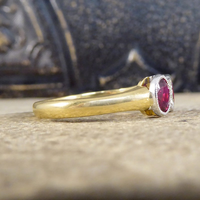 Burma Ruby 1.48ct Three Stone Ring with Diamond Spacers
