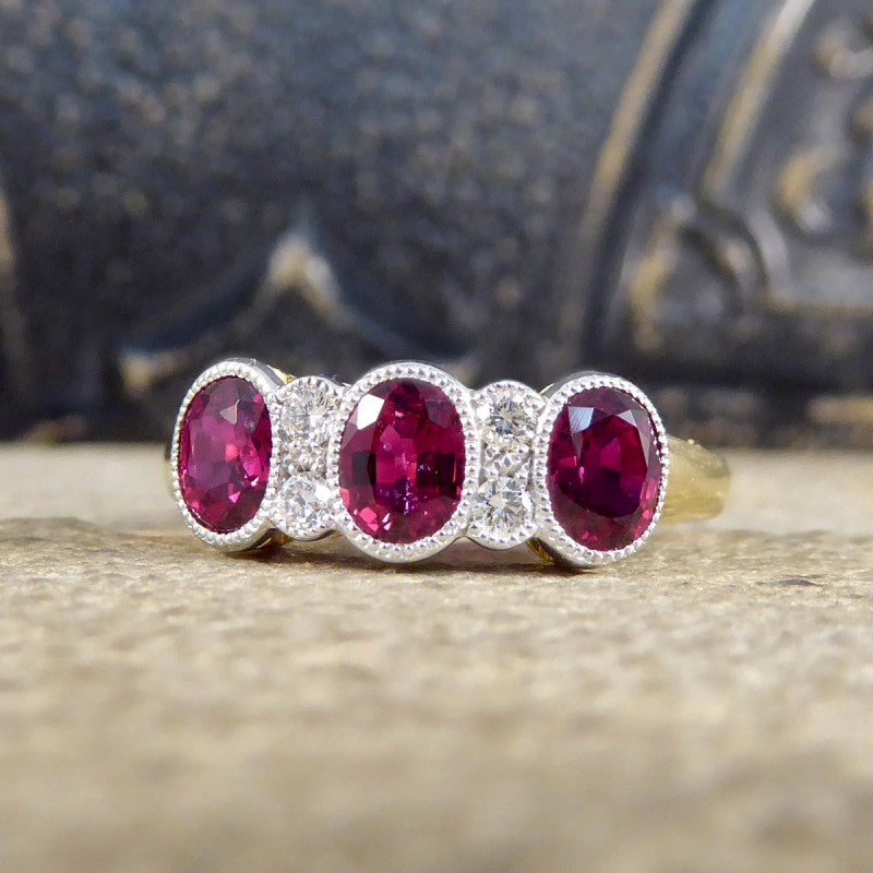 Burma Ruby 1.48ct Three Stone Ring with Diamond Spacers