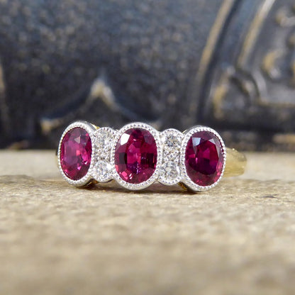 Burma Ruby 1.48ct Three Stone Ring with Diamond Spacers
