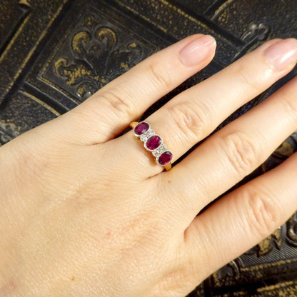 Burma Ruby 1.48ct Three Stone Ring with Diamond Spacers
