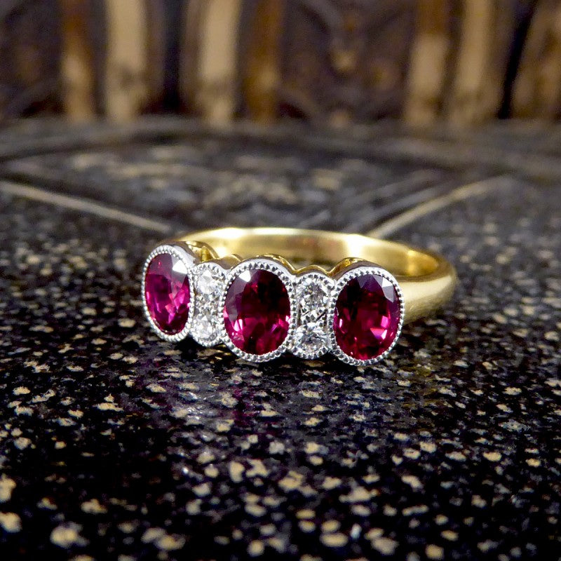 Burma Ruby 1.48ct Three Stone Ring with Diamond Spacers