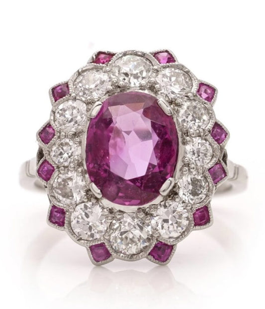 Burma ruby and diamond ring, Art Deco vintage ring 1920s platinum ruby and diamond surround border