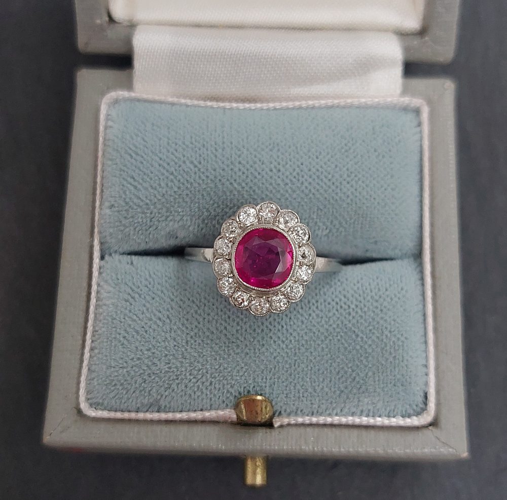 Burmese Ruby and Diamond Daisy Cluster Ring