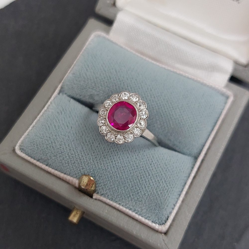Burmese Ruby and Diamond Daisy Cluster Ring