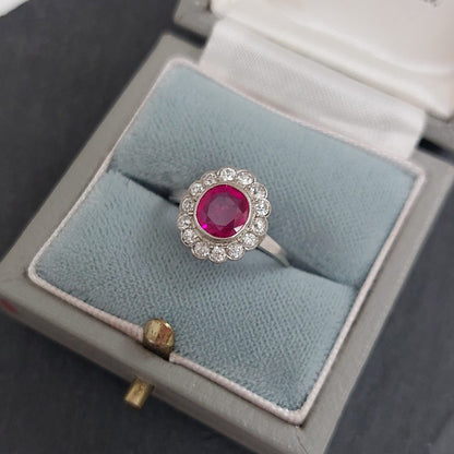Burmese Ruby and Diamond Daisy Cluster Ring