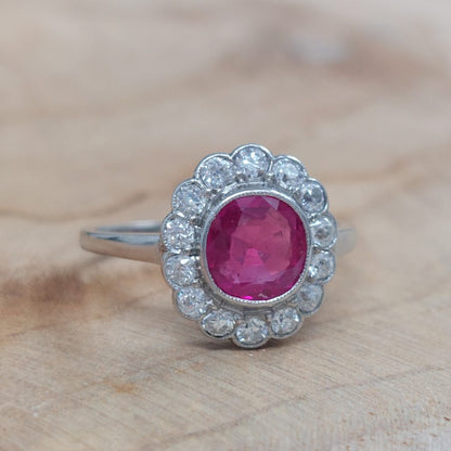 Burmese Ruby and Diamond Daisy Cluster Ring