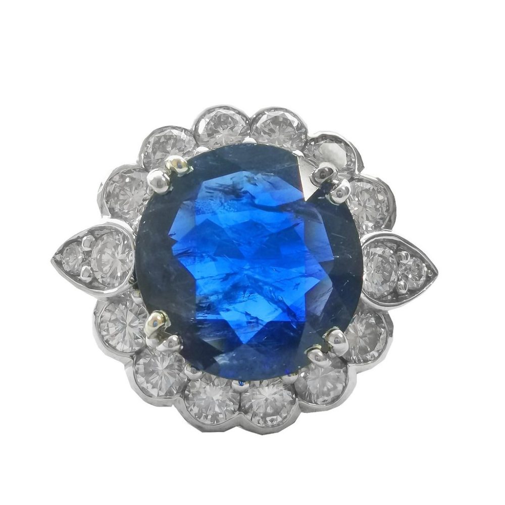 Burmese Sapphire & Diamond Cluster Ring, 6.99ct total, 18ct White Gold