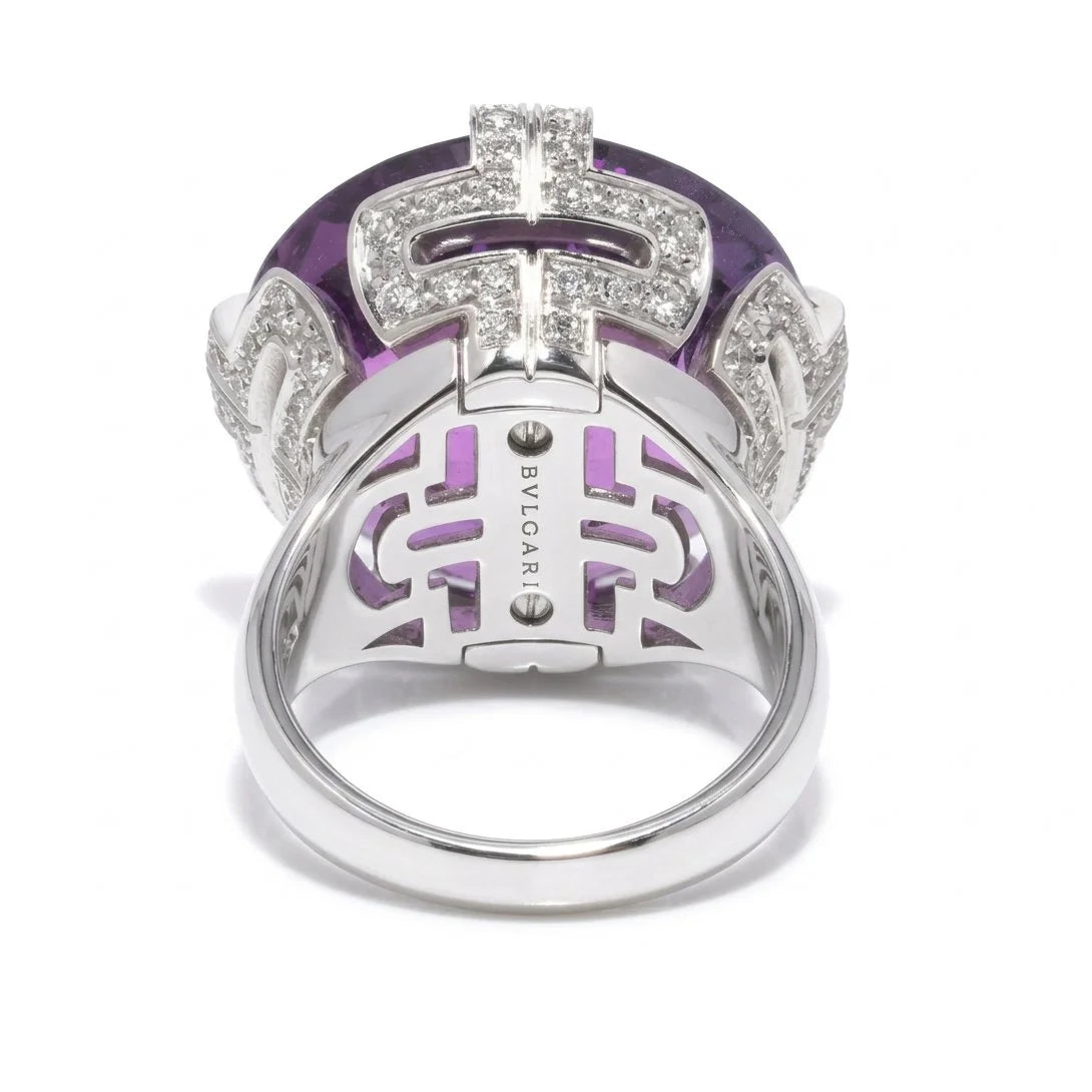 A round amethyst and diamond cocktail ring in white gold, stamped BVLGARI