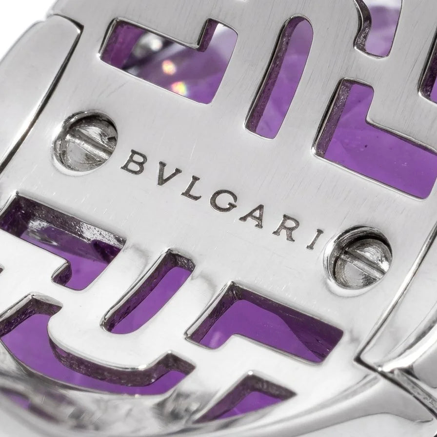 Close-up of a BVLGARI stamp on a white gold ring