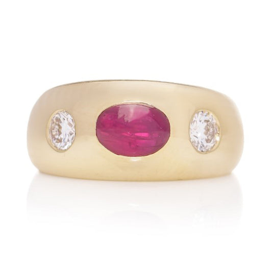 Vintage Bvlgari 1.29ct Burma Ruby and Old European Cut Diamond Three Stone Gypsy Ring in 18ct Yellow Gold