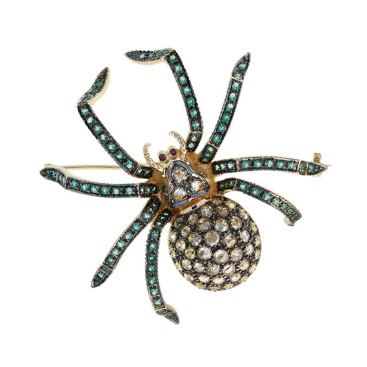 Diamond Emerald and Ruby Set Spider Insect Brooch