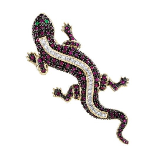 Ruby and Diamond Lizard Brooch with Emerald Eyes in 14ct Gold