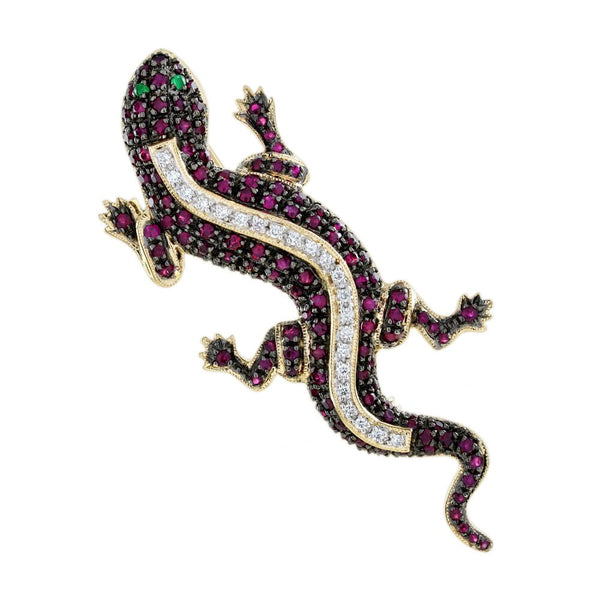 Ruby and Diamond Lizard Brooch with Emerald Eyes in 14ct Gold