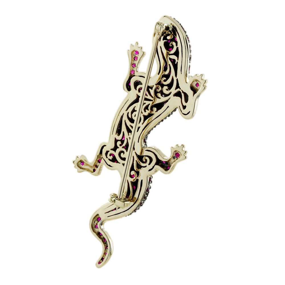 Ruby and Diamond Lizard Brooch with Emerald Eyes in 14ct Gold