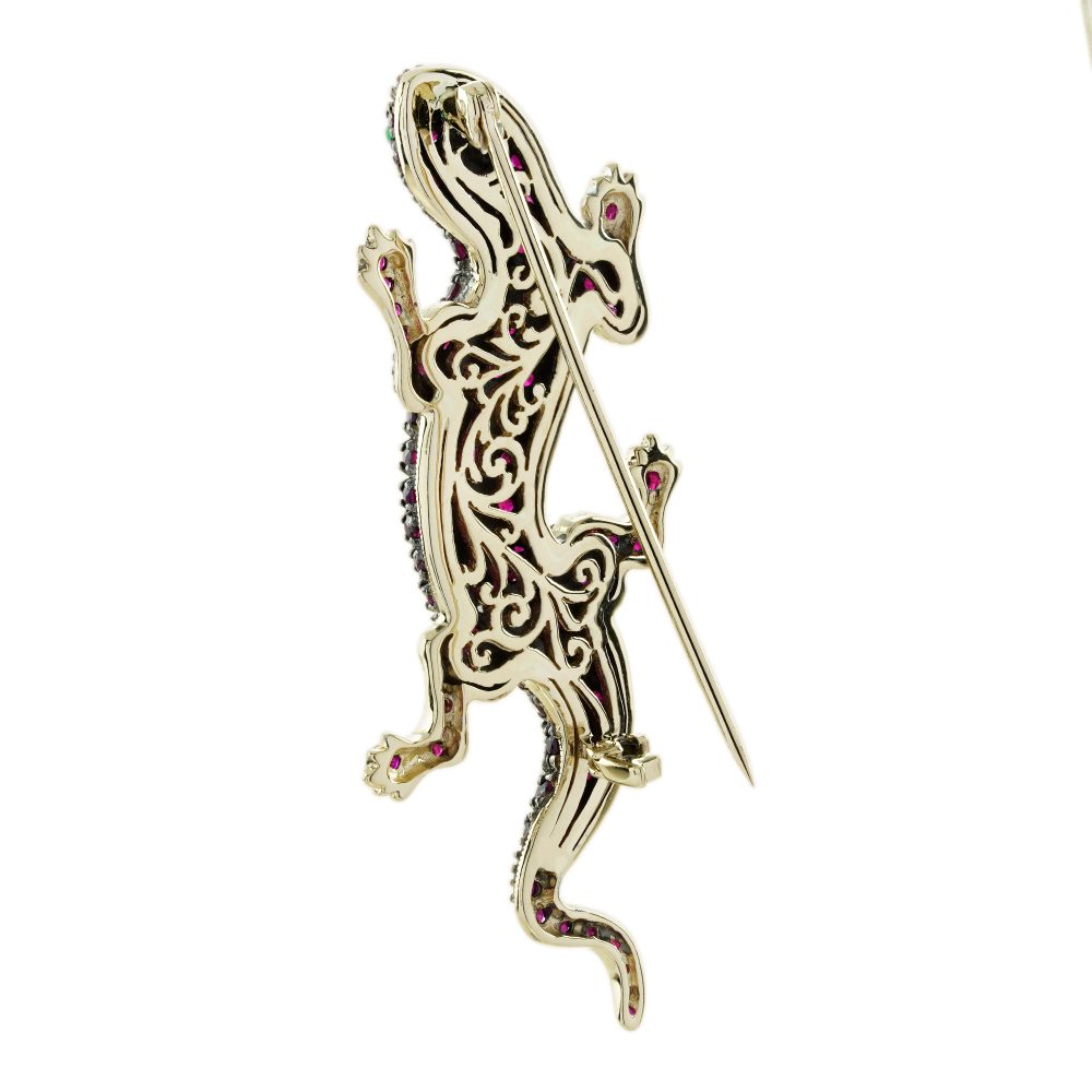 Ruby and Diamond Lizard Brooch with Emerald Eyes in 14ct Gold