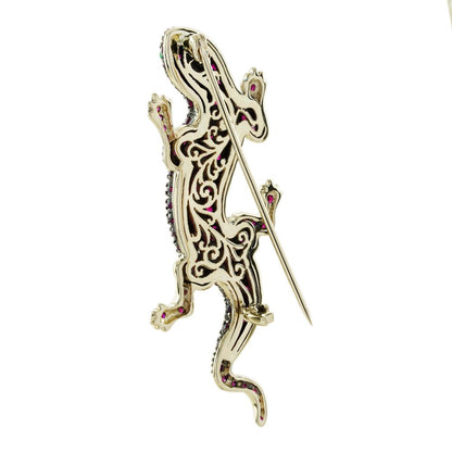 Ruby and Diamond Lizard Brooch with Emerald Eyes in 14ct Gold