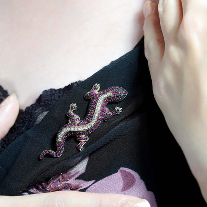 Ruby and Diamond Lizard Brooch with Emerald Eyes in 14ct Gold