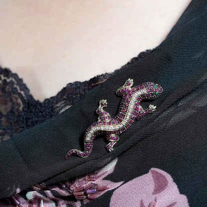 Ruby and Diamond Lizard Brooch with Emerald Eyes in 14ct Gold