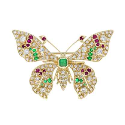 Emerald Ruby and Light Brown Diamond Butterfly Brooch