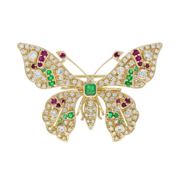 Emerald Ruby and Light Brown Diamond Butterfly Brooch