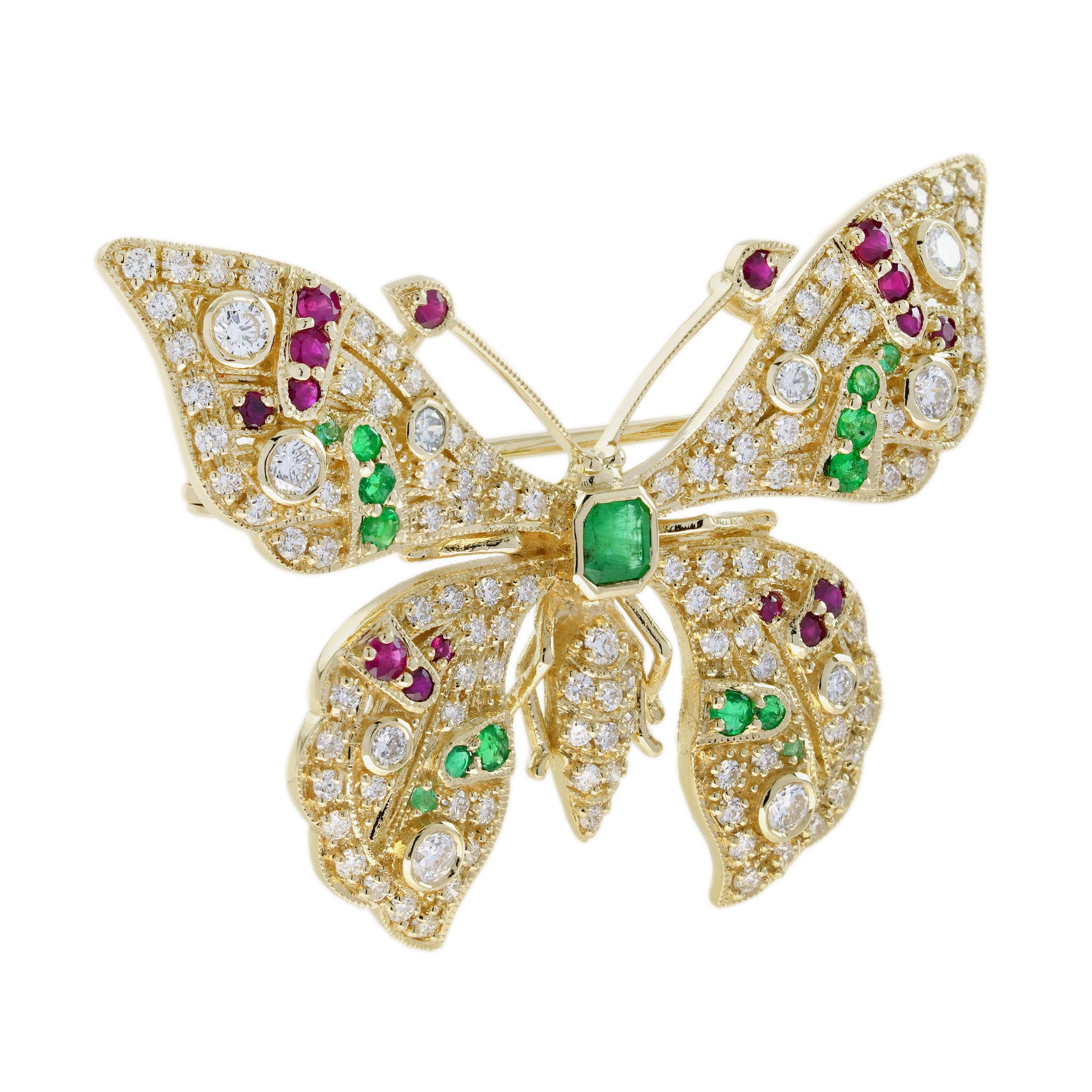 Emerald Ruby and Light Brown Diamond Butterfly Brooch