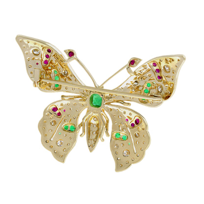 Emerald Ruby and Light Brown Diamond Butterfly Brooch