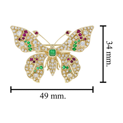Emerald Ruby and Light Brown Diamond Butterfly Brooch