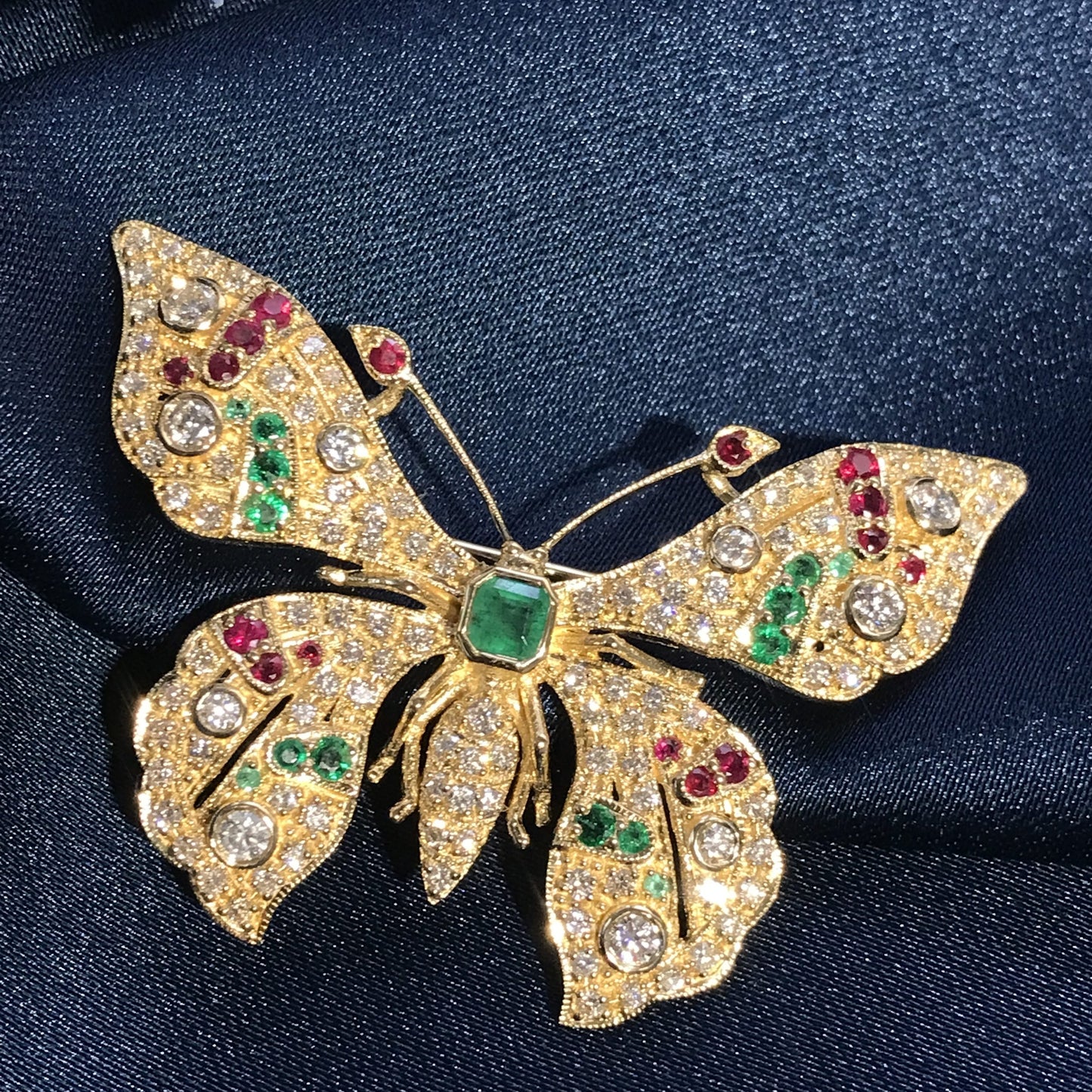 Emerald Ruby and Light Brown Diamond Butterfly Brooch