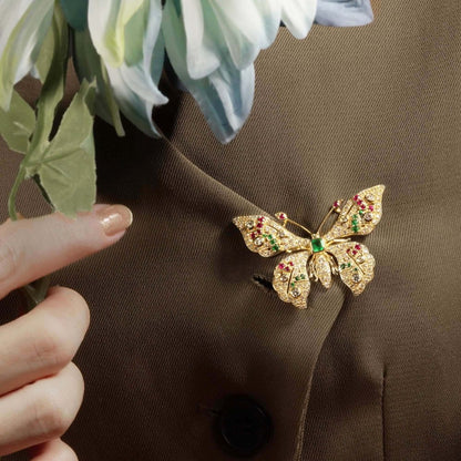 Emerald Ruby and Cognac Diamond Butterfly Brooch