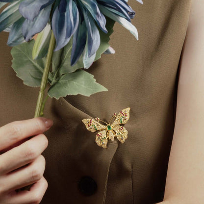 Emerald Ruby and Cognac Diamond Butterfly Brooch