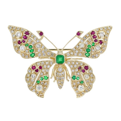 Emerald Ruby and Cognac Diamond Butterfly Brooch