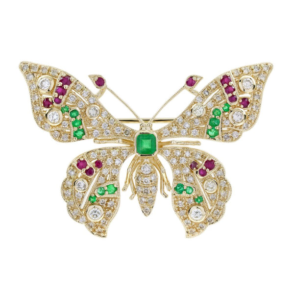 Emerald Ruby and Cognac Diamond Butterfly Brooch