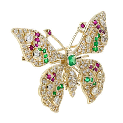 Emerald Ruby and Cognac Diamond Butterfly Brooch