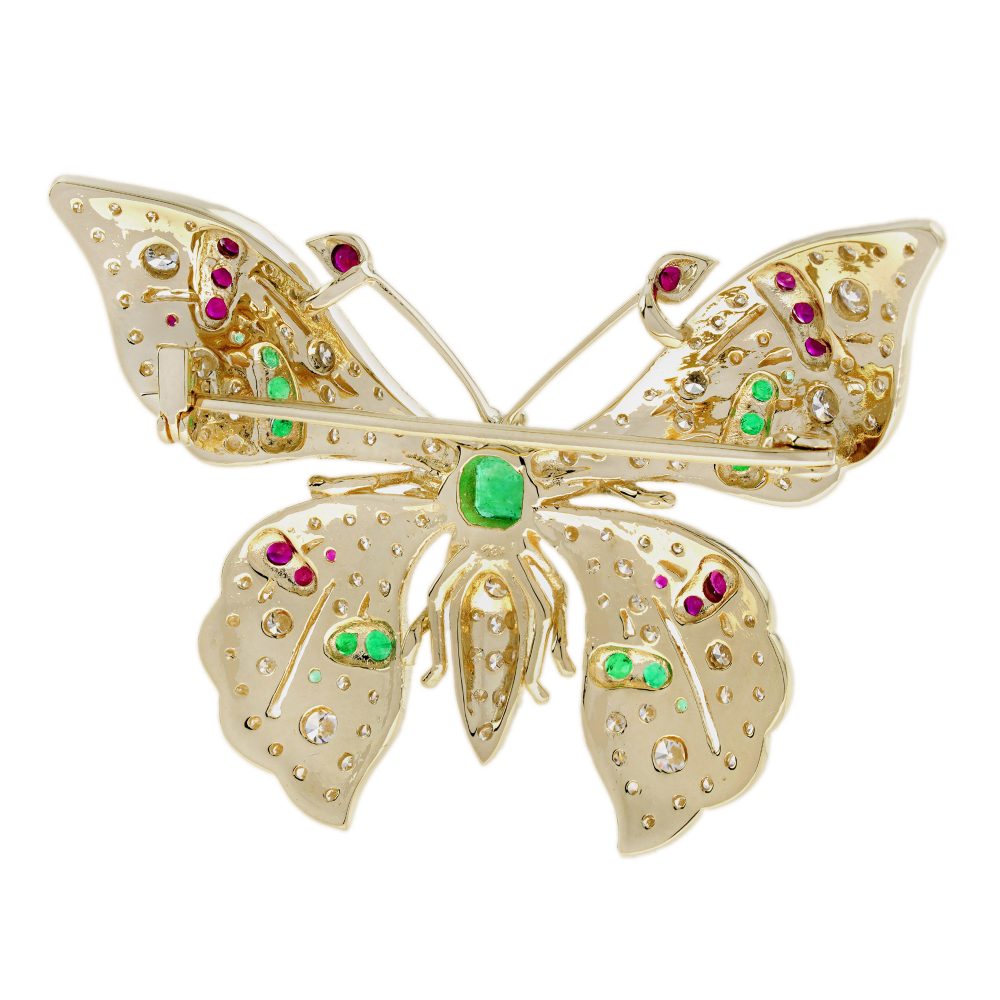Emerald Ruby and Cognac Diamond Butterfly Brooch