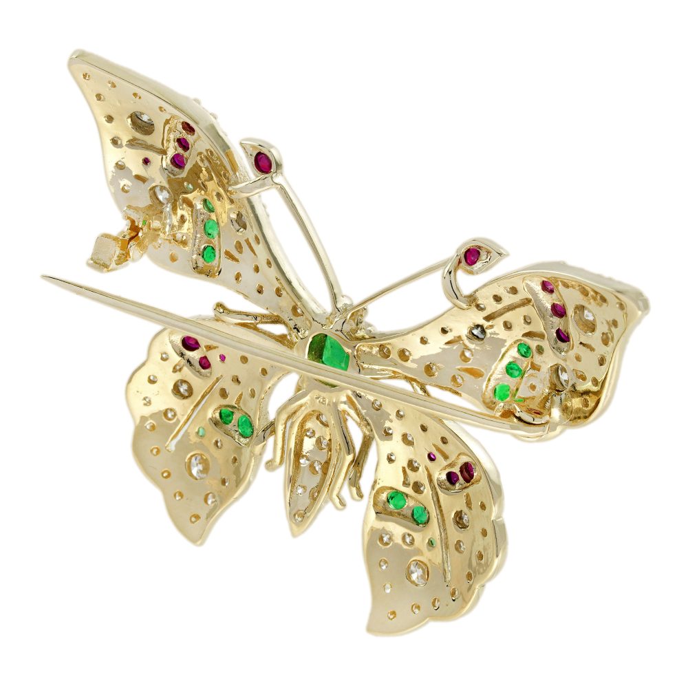 Emerald Ruby and Cognac Diamond Butterfly Brooch
