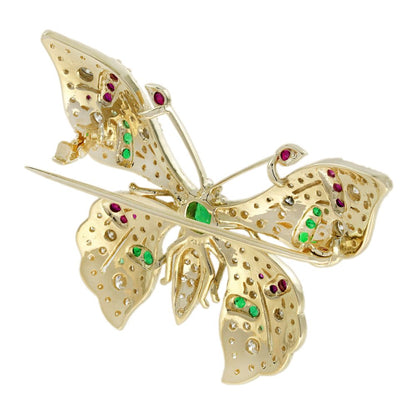 Emerald Ruby and Cognac Diamond Butterfly Brooch