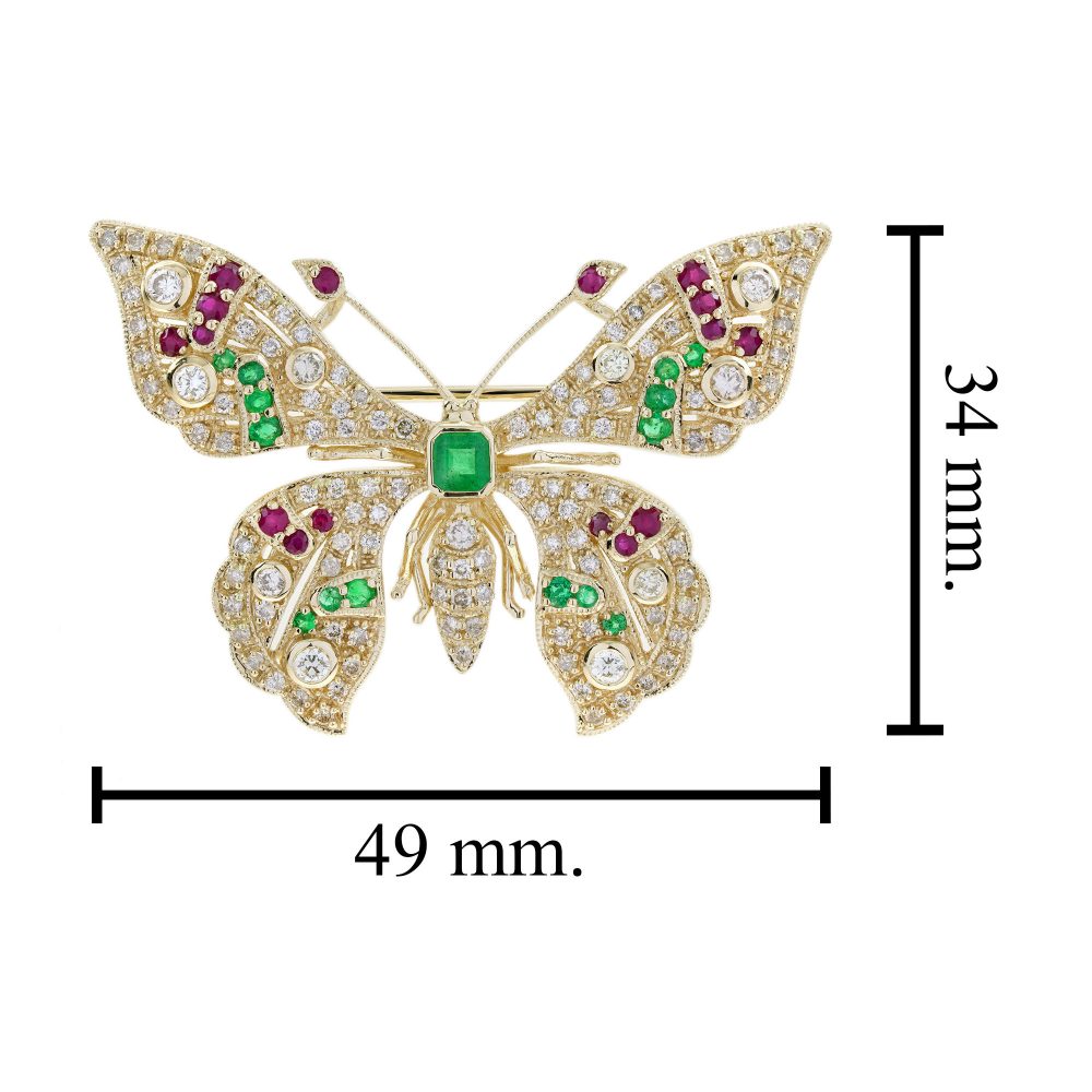 Emerald Ruby and Cognac Diamond Butterfly Brooch