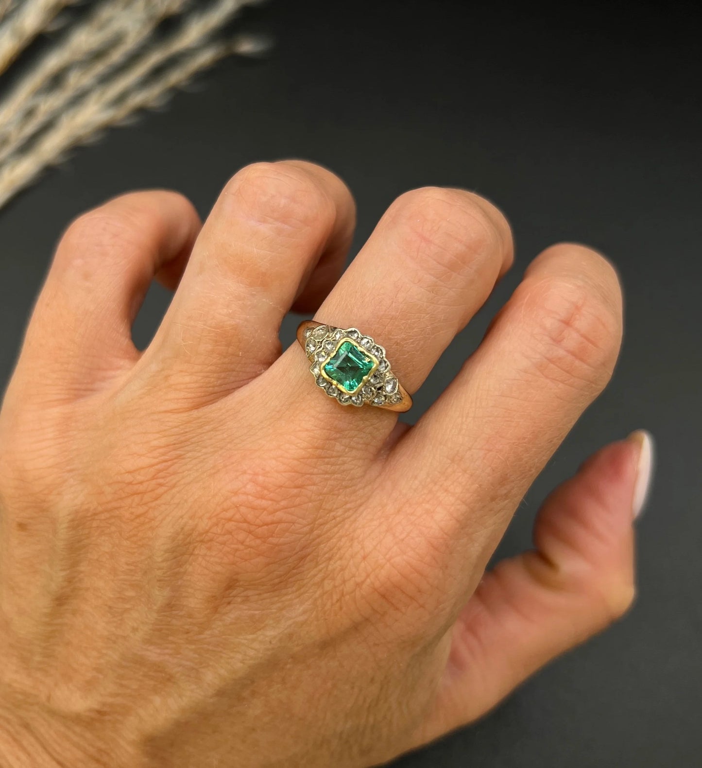 Victorian 18 Carat Yellow Gold Emerald and Diamond Square Cluster Ring, Circa 1860