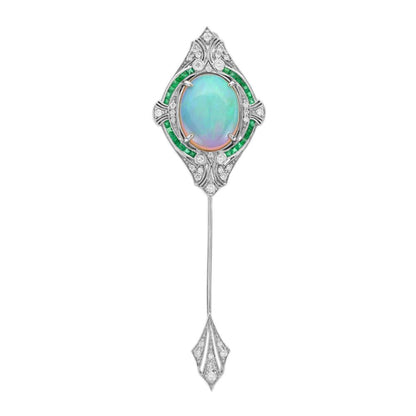 Art Deco Inspired 8.26ct Opal and Diamond Pin Brooch with Emerald in 18ct White Gold