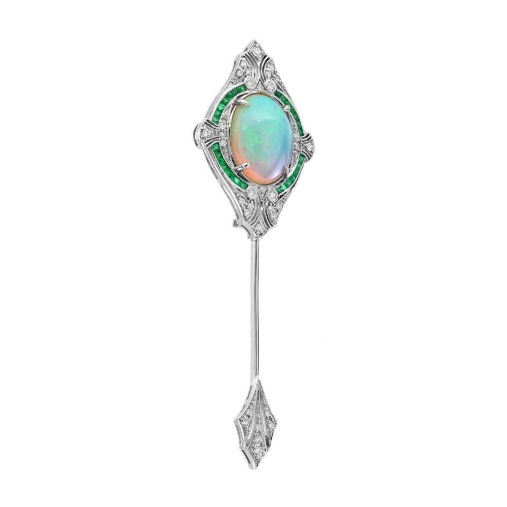 Art Deco Inspired 8.26ct Opal and Diamond Pin Brooch with Emerald in 18ct White Gold