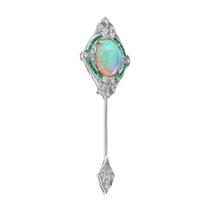 Art Deco Inspired 8.26ct Opal and Diamond Pin Brooch with Emerald in 18ct White Gold