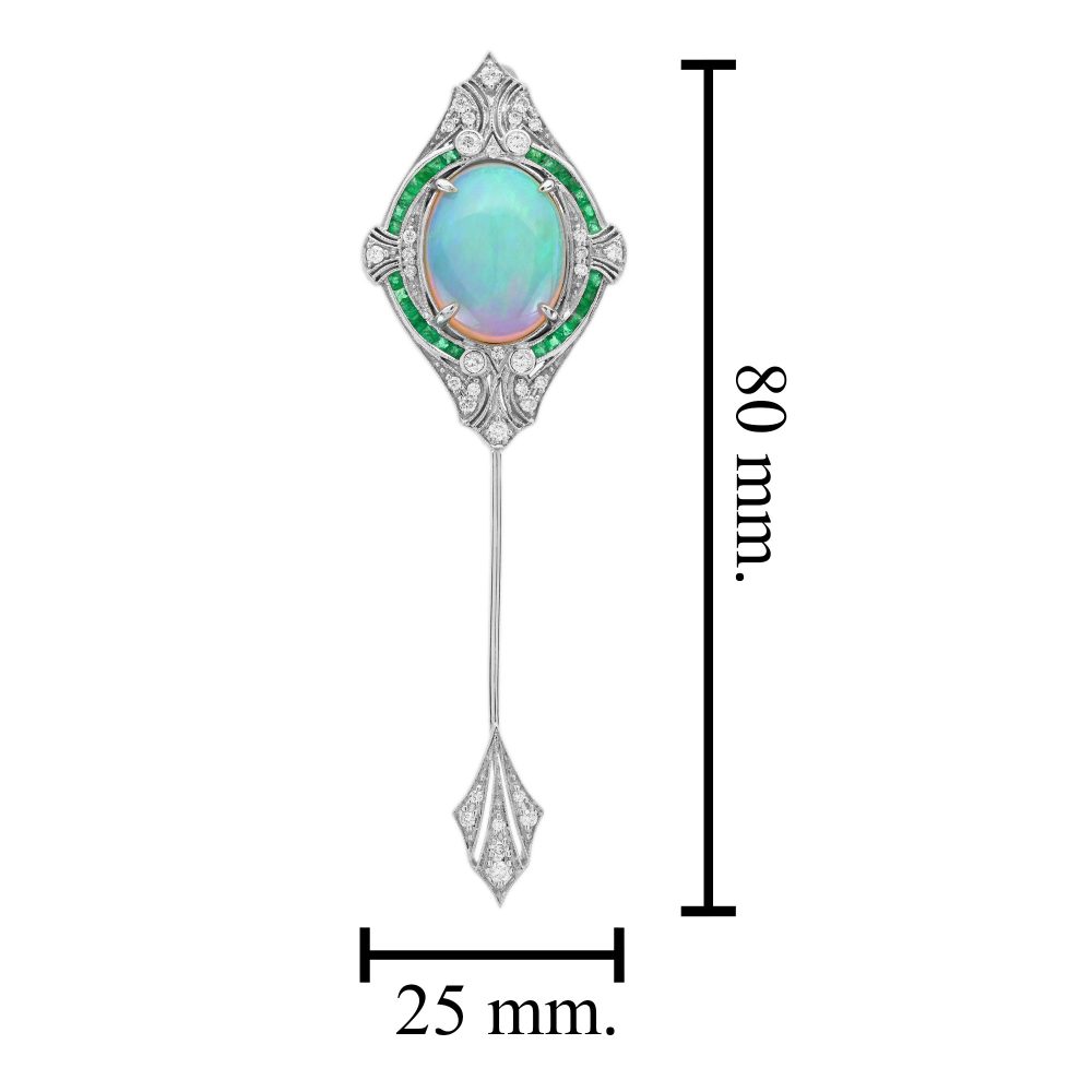 Art Deco Inspired 8.26ct Opal and Diamond Pin Brooch with Emerald in 18ct White Gold