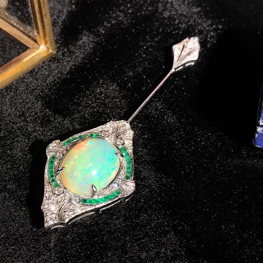 Art Deco Inspired Opal and Diamond Pin Brooch with Emerald