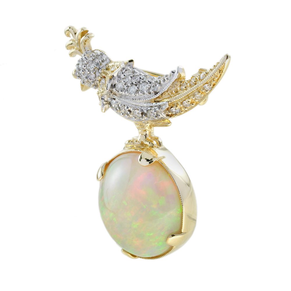 8.28ct Ethiopian Opal Diamond and 18ct Yellow Gold Bird Brooch
