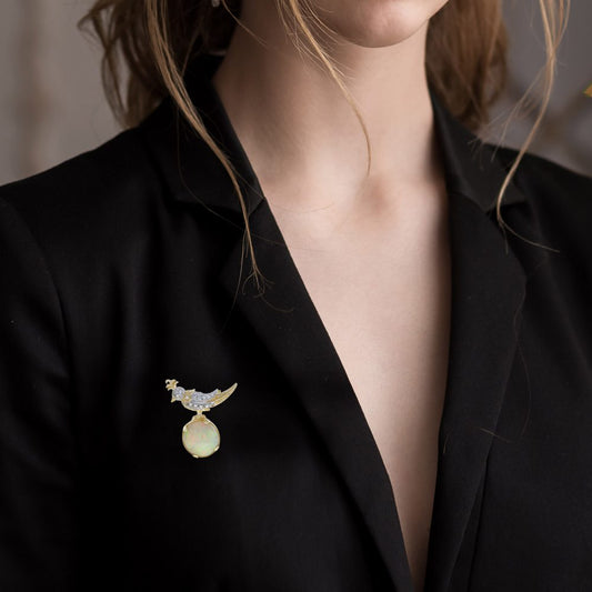 8.28ct Ethiopian Opal Diamond and 18ct Yellow Gold Bird Brooch