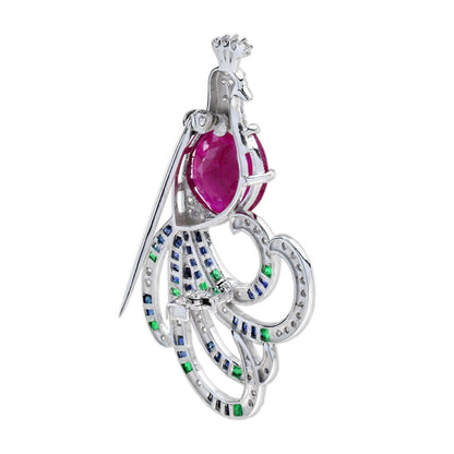 4.25ct Burma Ruby Emerald Sapphire Diamond Peacock Brooch