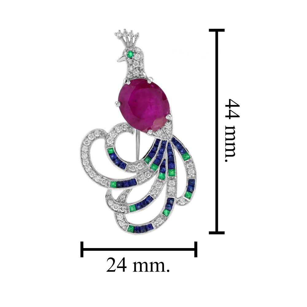 4.25ct Burma Ruby Emerald Sapphire Diamond Peacock Brooch