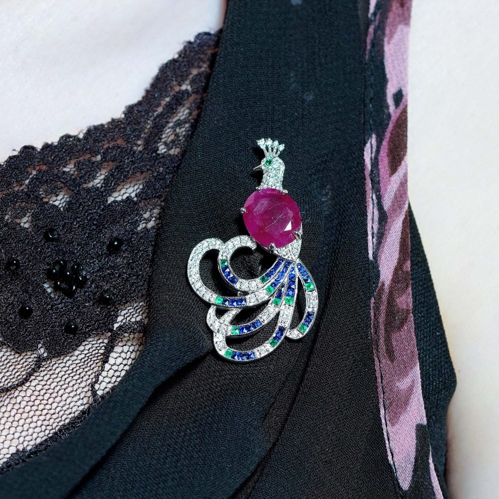 4.25ct Burma Ruby Emerald Sapphire Diamond Peacock Brooch