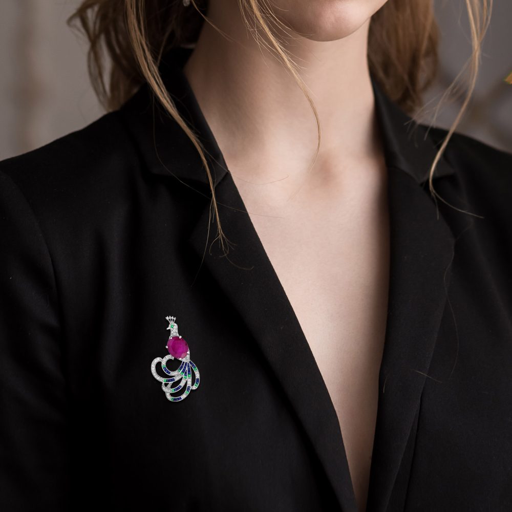 4.25ct Burma Ruby Emerald Sapphire Diamond Peacock Brooch