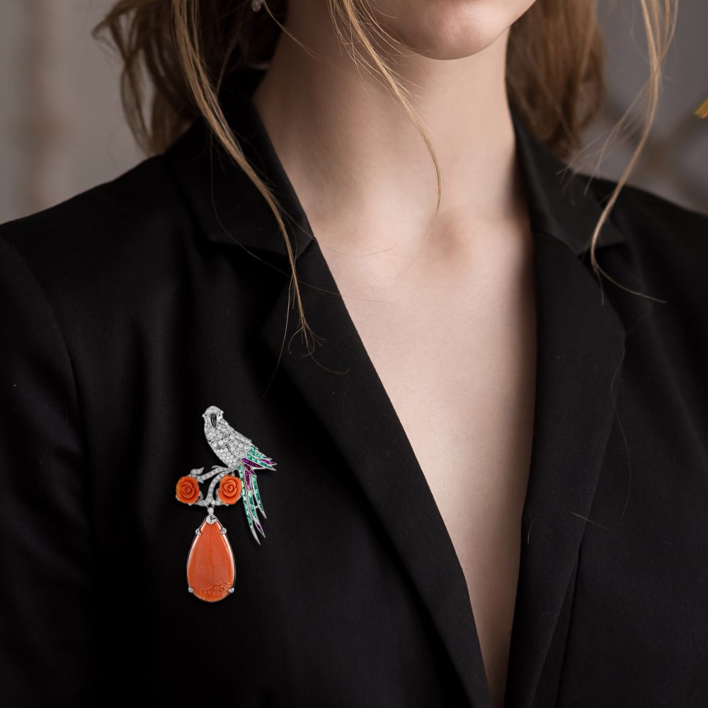 Diamond Bird Brooch with Carved Coral Pendant with Emeralds and Rubies
